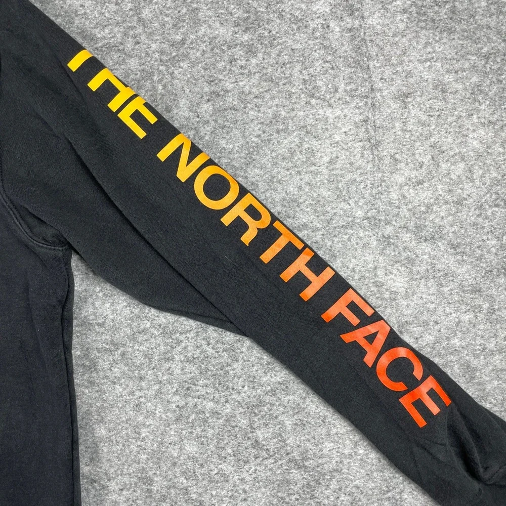 The North Face Hoodie Mens M Black Yellow Orange Box Sleeve Spellout Outdoor